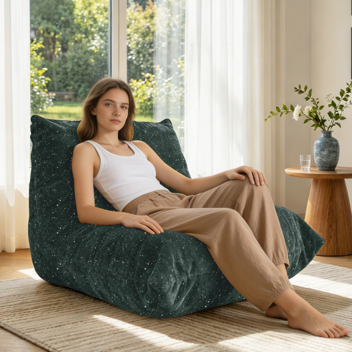 AEELLEEA Dark Green Sparkling Chenille Bean Bag Chair, Ergonomic Lazy Sofa with Removable Cover & Anti-Slip Base