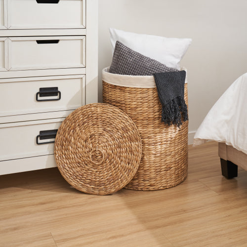 AEELLEEA 15 x 20 Inch Round Woven Water Hyacinth Laundry Hamper with Lid & Removable Liner, Decorative Storage Basket for Bedroom