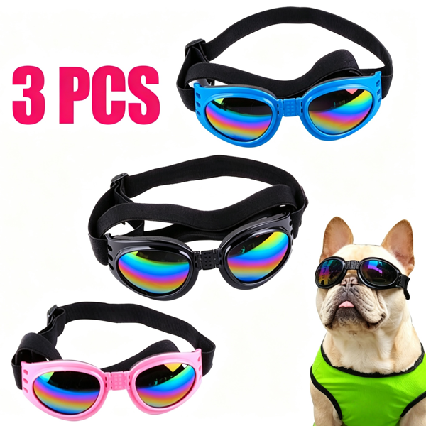 3-Pack Dog Goggles with Colorful Lenses, Adjustable Pet Sunglasses for Small to Medium Dogs, Blue Pink Black