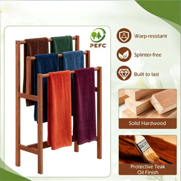 AEELLEEA 3-Tier Wooden Towel Rack, Freestanding Solid Hardwood Towel Holder for Bathroom, Bedroom and Blankets