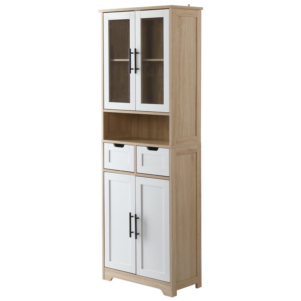AEELLEEA Tall Storage Cabinet with Glass & Solid Doors, 23.6"x11.8"x66.9" Wooden Freestanding Cabinet with 2 Drawers