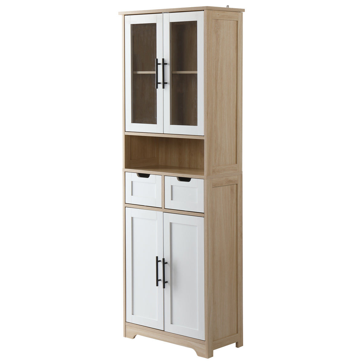 AEELLEEA Tall Storage Cabinet with Glass & Solid Doors, 23.6"x11.8"x66.9" Wooden Freestanding Cabinet with 2 Drawers