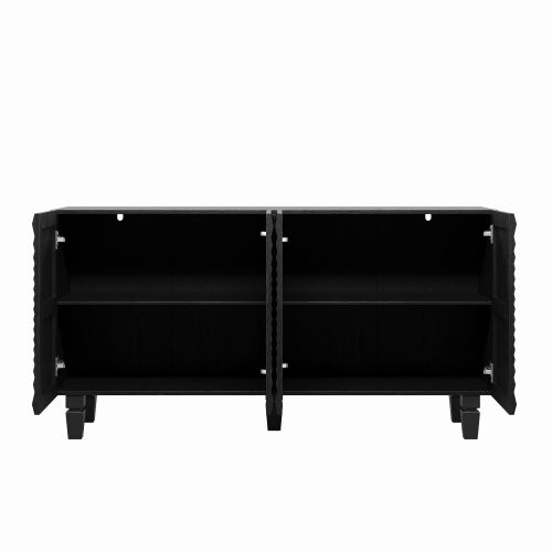 AEELLEEA 59" Black Sideboard Buffet Cabinet with 4 Sunburst Textured Doors, Modern Storage Credenza with Shelves for Living Room