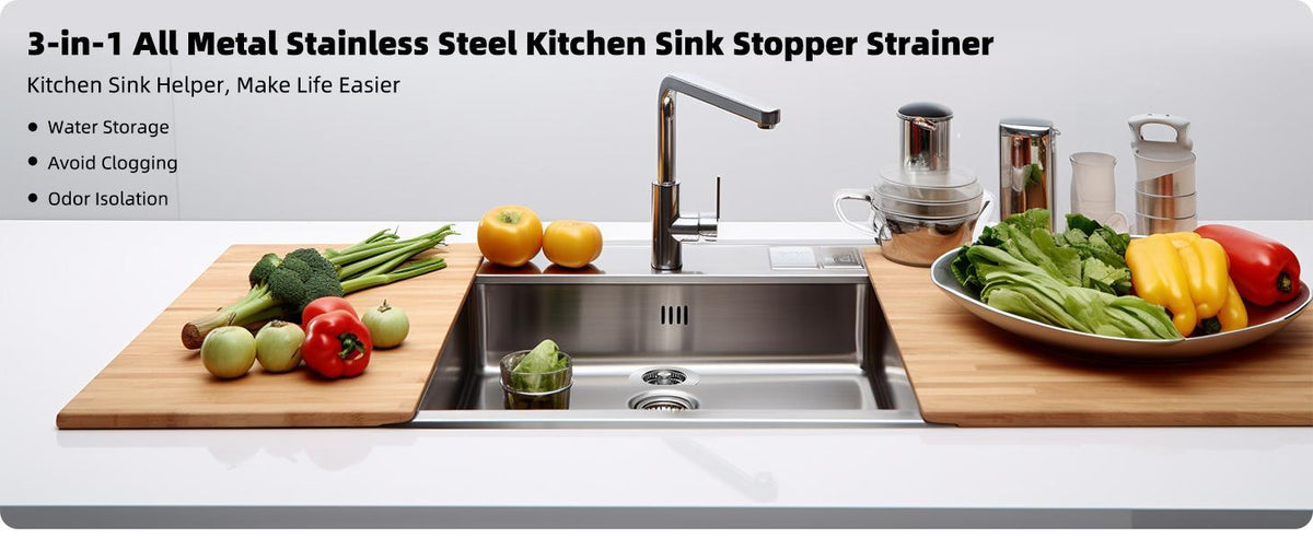 AEELLEEA-3-in-1 Kitchen Sink Drain Kit All Metal SUS304 Strainer Stopper Drain Assembly for Home Kitchen