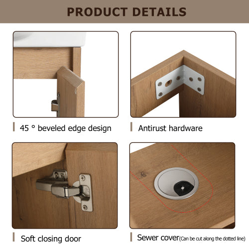 23 Inch Bathroom Vanity with Sink, Freestanding Light Oak Bathroom Cabinet with Ceramic Basin, Soft Close Door