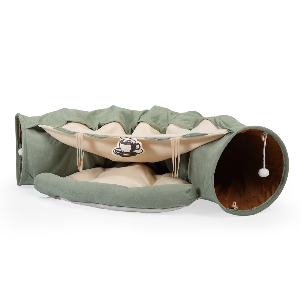 Collapsible Integrated Cat Bed, Washable Indoor Cat Play Tunnel Hideaway with Plush Ball Toy for Kittens