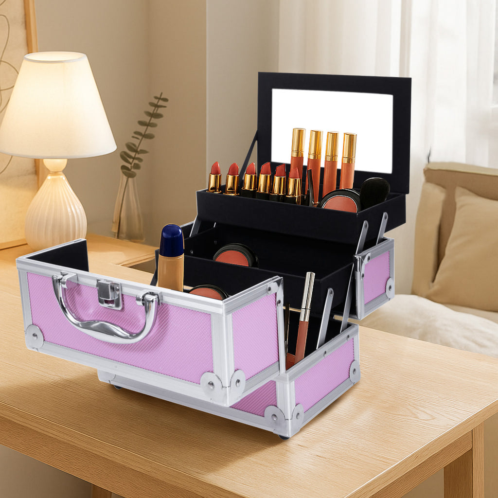 Makeup Train Case Makeup Box 9x6x6 Inch Makeup Organizer Box with Mirror, Portable Travel Cosmetic Case, Handheld Makeup Storage Carrying Bag