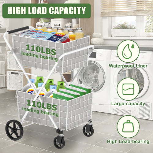 AEELLEEA 2-Tier Folding Shopping Cart with Waterproof Liners, 120L Capacity, 220 lb Load Capacity, White