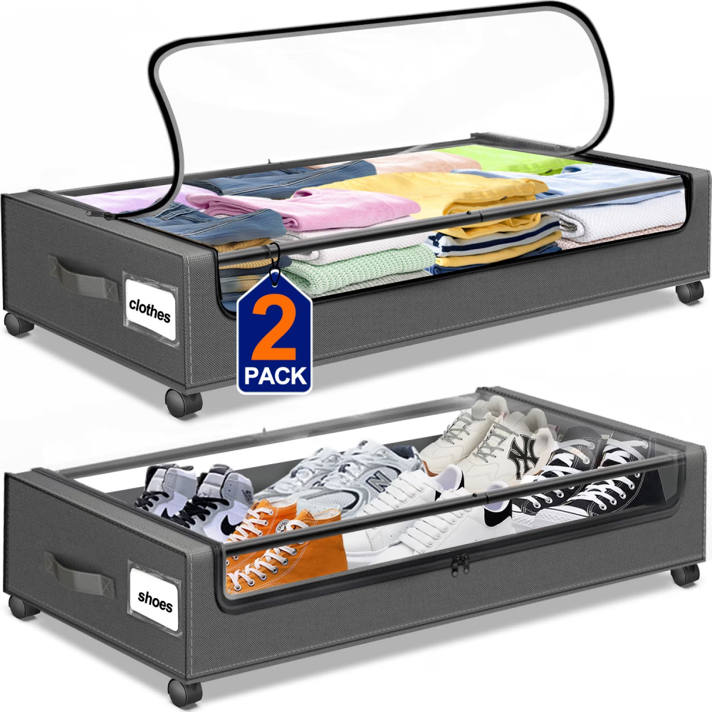 AEELLEEA 2 Pack Under Bed Storage Bins, 360° Lockable Wheels, Clear Lid 600D Oxford for Clothes Shoes Blankets