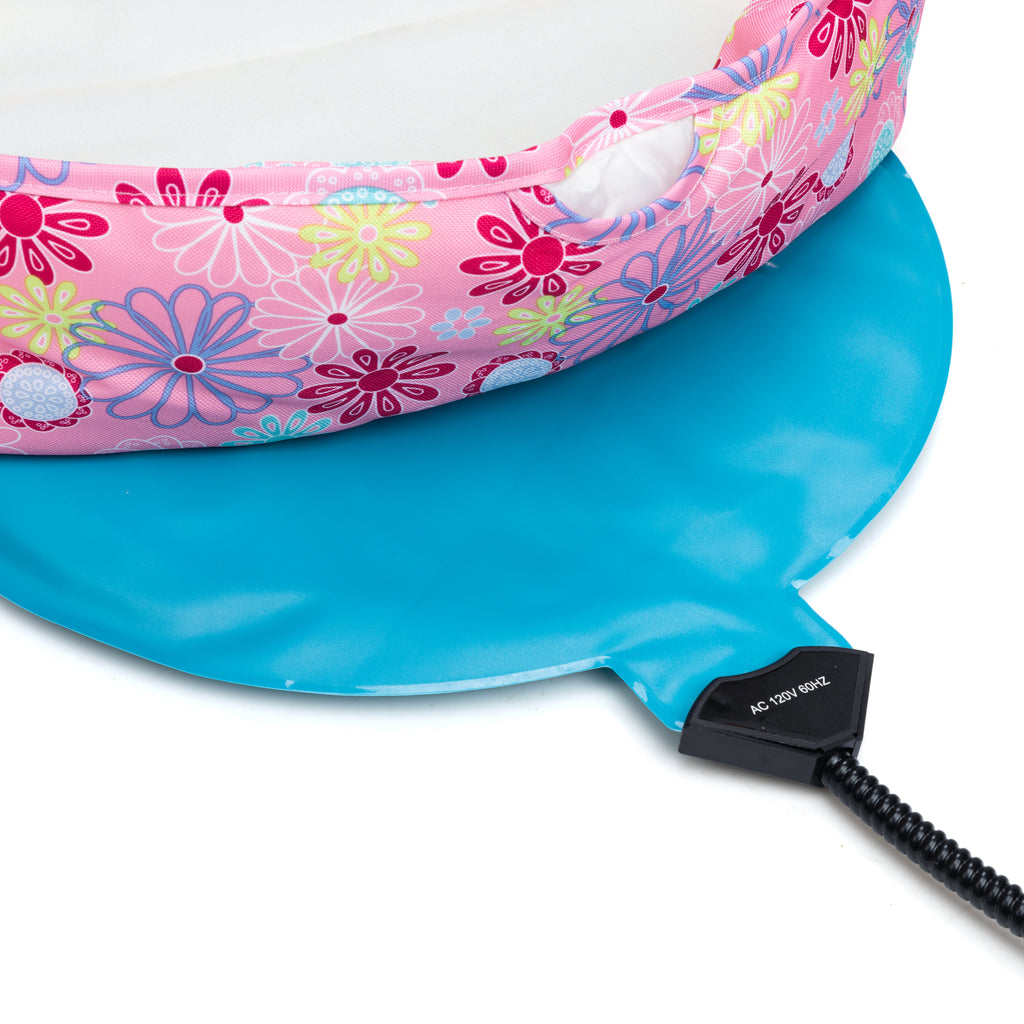 Floral Pink Heated Cat Bed & Warming Pad Set, Plush Electric Pet Heating Mat with Removable Zippered Cover for Indoor Cats & Small Dogs