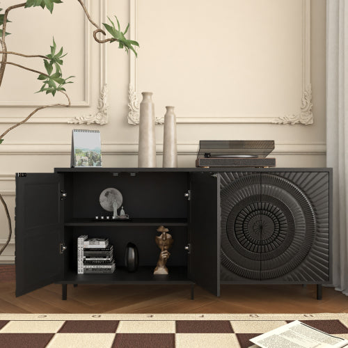 AEELLEEA Modern Black Sideboard Buffet Cabinet with 4 Doors, 3D Circular Pattern Storage Cabinet with Metal Legs for Dining Room