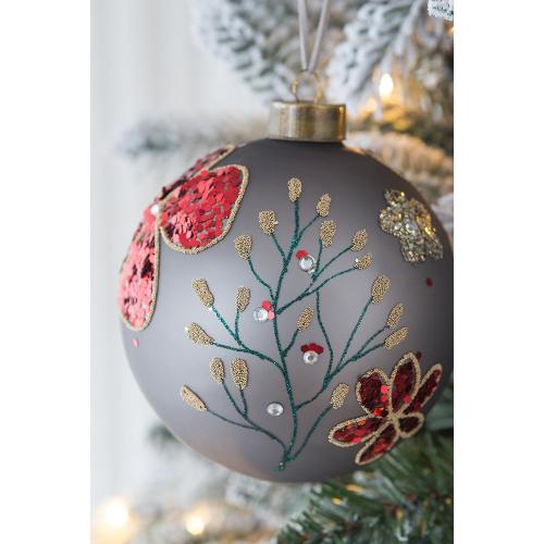 Christmas Ornament, Embroidered Holiday Ball with Floral Design, Hanging Tree Decoration for Christmas Tree，6-piece set