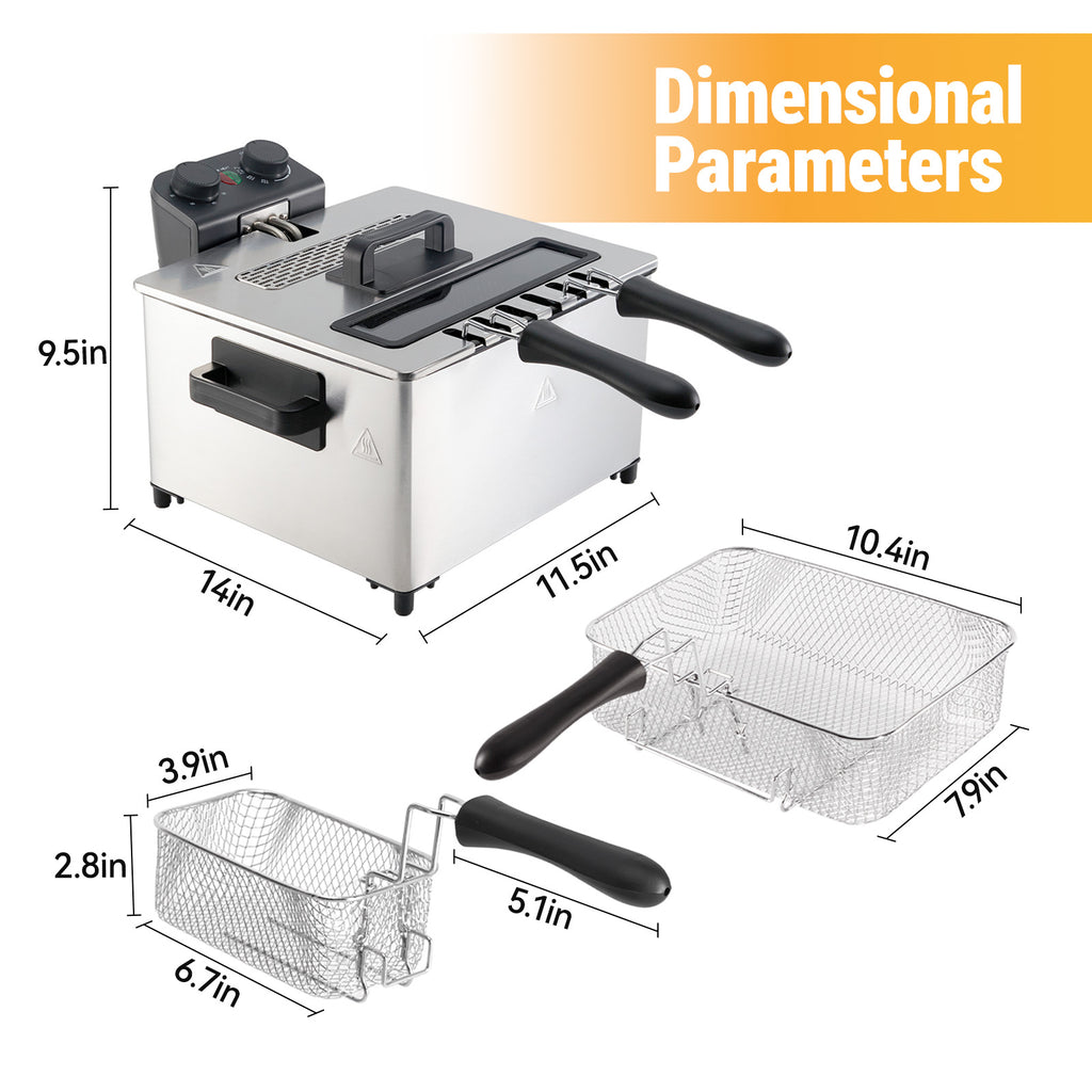 1700W Electric Deep Fryer, 5L Stainless Steel Countertop Deep Fryer with 3 Frying Baskets, Adjustable Temp & View Window Lid, Dishwasher‑Safe for Home Cooking