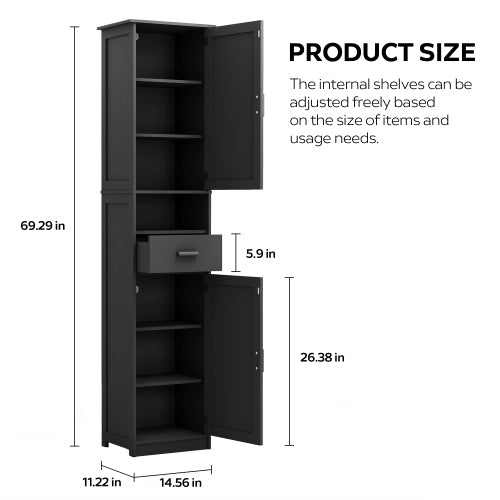 AEELLEEA Tall Narrow Storage Cabinet with Adjustable Shelves, Drawer and 2 Doors, Black
