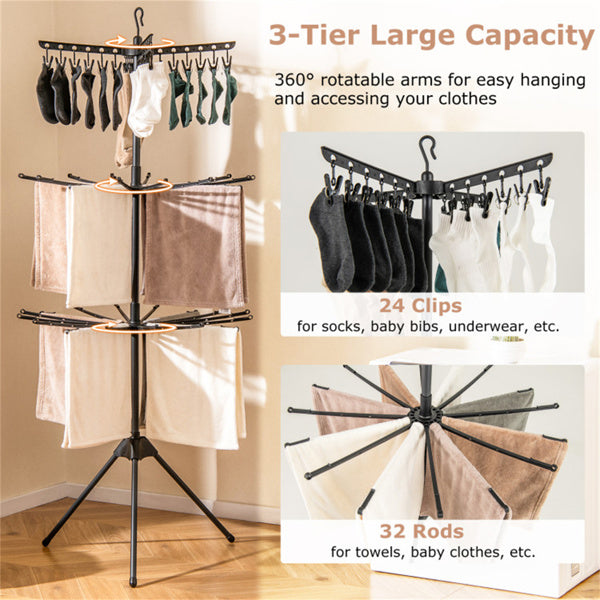 3‑Tier Foldable Tripod Clothes Drying Rack, Space‑Saving Laundry Dryer with 24 Clips & 32 Drying Rods, 70 Inch