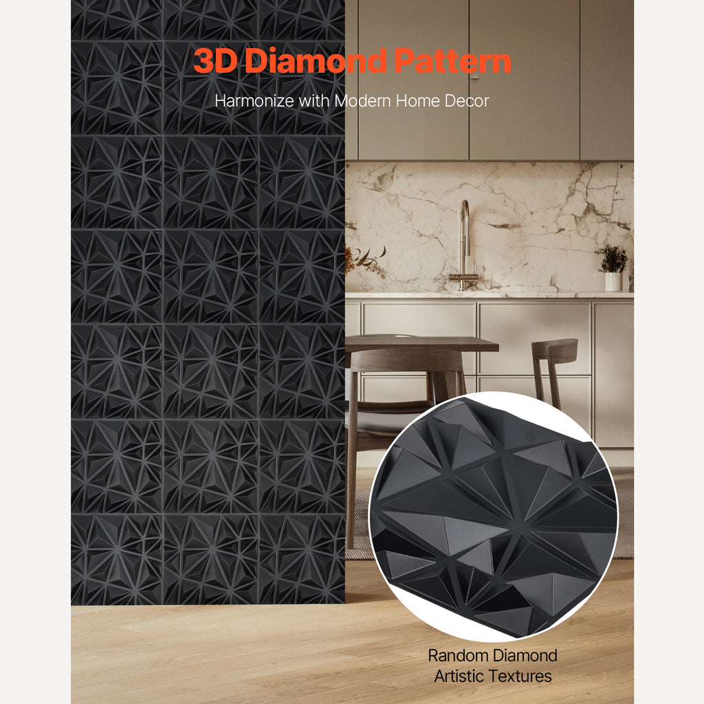 3D Wall Panels 33-Pack, 11.81" x 11.81" Diamond Matte Black Textured PVC - 32 Sq. Ft Coverage