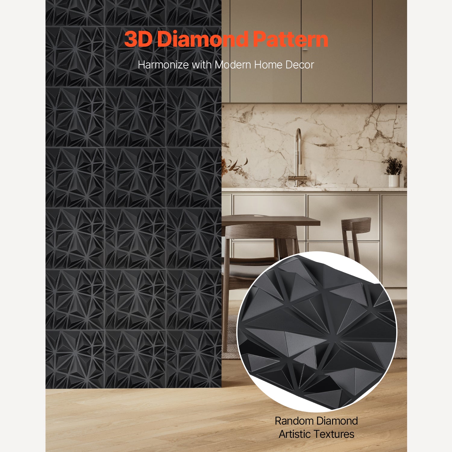 3D Wall Panels 33-Pack, 11.81" x 11.81" Diamond Matte Black Textured PVC - 32 Sq. Ft Coverage
