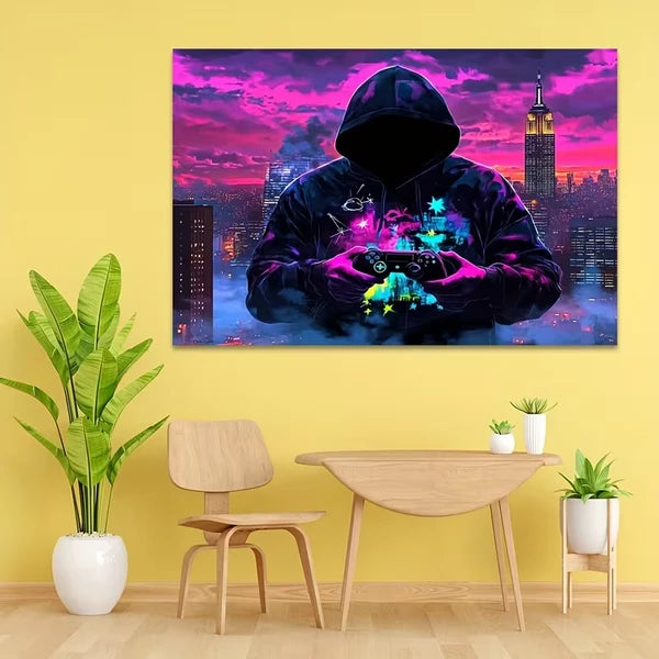 Aeelleea 80x60 in UV Fluorescent Tapestry, Mysterious Man Game Controller Wall Hanging, Peach Skin Velvet for Bedroom