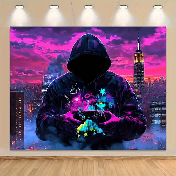 Aeelleea 80x60 in UV Fluorescent Tapestry, Mysterious Man Game Controller Wall Hanging, Peach Skin Velvet for Bedroom