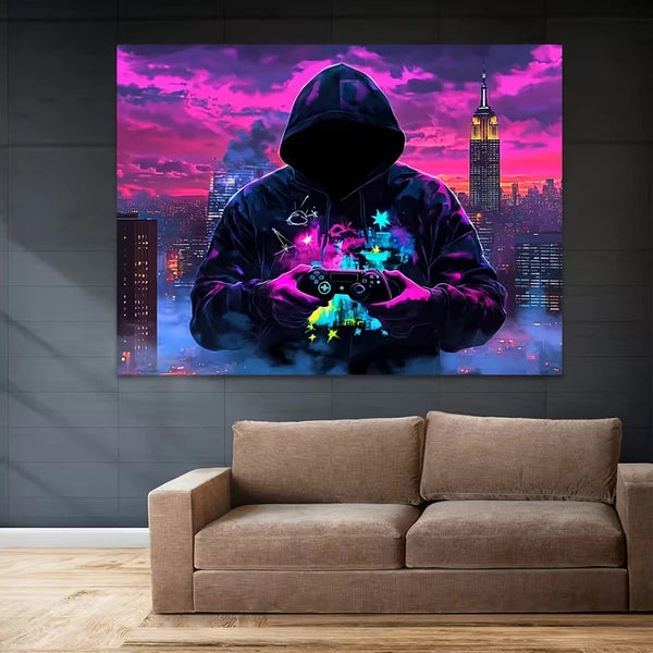 Aeelleea 80x60 in UV Fluorescent Tapestry, Mysterious Man Game Controller Wall Hanging, Peach Skin Velvet for Bedroom