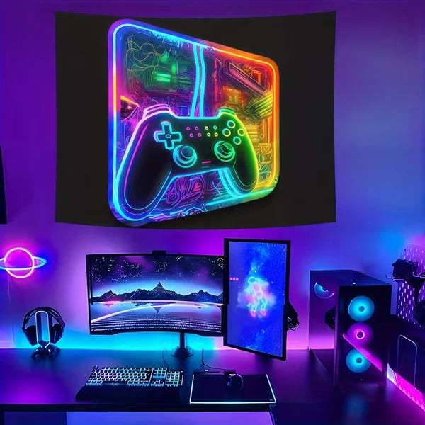 Aeelleea 90x60 in UV Reactive Neon Game Tapestry, Fluorescent Gamer Wall Hanging for Bedroom Gaming Room