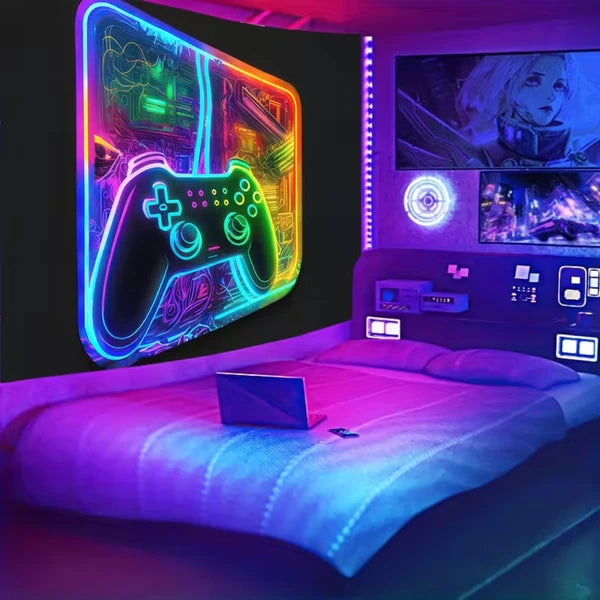 Aeelleea 90x60 in UV Reactive Neon Game Tapestry, Fluorescent Gamer Wall Hanging for Bedroom Gaming Room