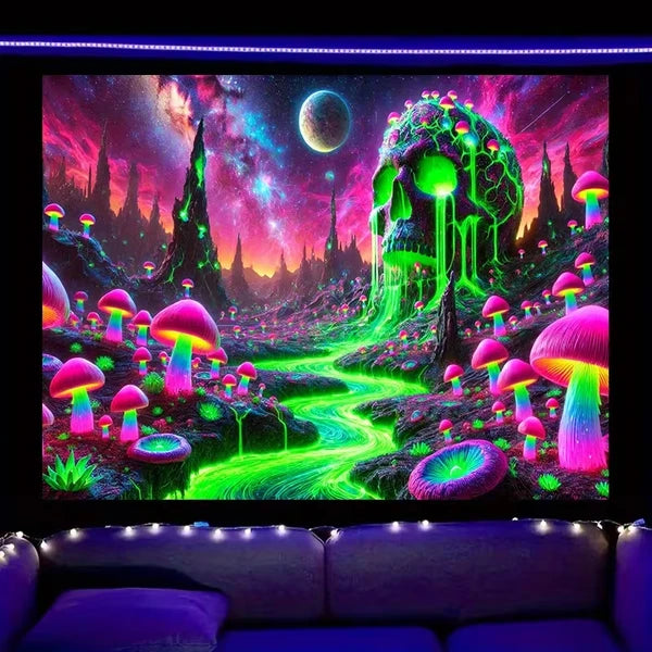 Aeelleea 2D Fluorescent Mushroom Tapestry 90×60 Inch, UV Blacklight Boho Wall Hanging, Christmas Indoor Outdoor Decor for Bedroom Living Room Office