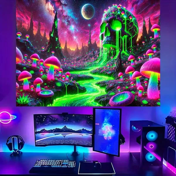 Aeelleea 2D Fluorescent Mushroom Tapestry 59×51 Inch, UV Blacklight Boho Wall Hanging, Christmas Indoor Outdoor Decor for Bedroom Living Room Office