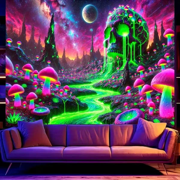 Aeelleea 2D Fluorescent Mushroom Tapestry 90×60 Inch, UV Blacklight Boho Wall Hanging, Christmas Indoor Outdoor Decor for Bedroom Living Room Office