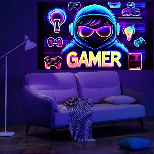 Aeelleea 2D Fluorescent Gaming Tapestry, Glow In The Dark UV Light Wall Hanging, Game Themed Wall Decor for Bedroom Gaming Room Office