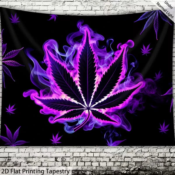 Aeelleea 59x51 in UV Reactive Purple Leaves Tapestry, Glow Neon Botanical Wall Hanging for Bedroom Dorm