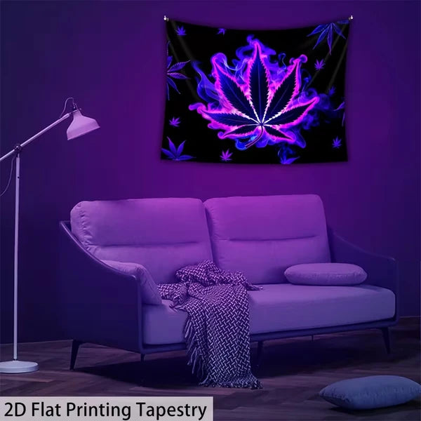 Aeelleea 59x51 in UV Reactive Purple Leaves Tapestry, Glow Neon Botanical Wall Hanging for Bedroom Dorm