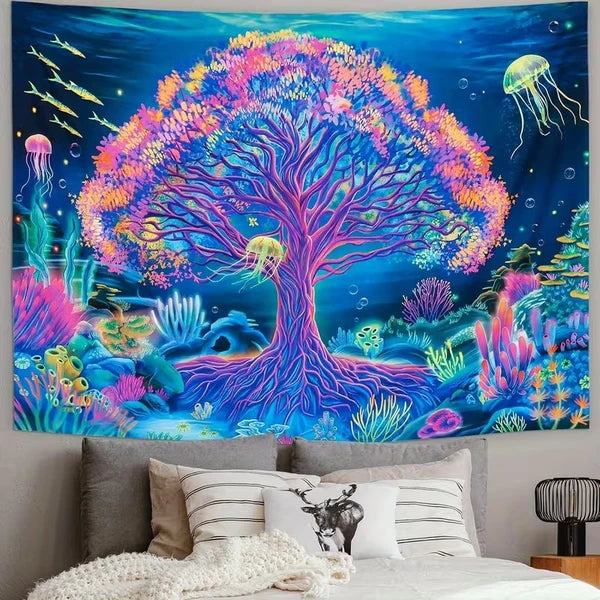 Aeelleea 40x30 in UV Reactive Glow Jellyfish Tapestry, Neon Fluorescent Wall Hanging for Bedroom Living Room Dorm