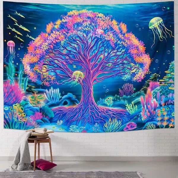 Aeelleea 60x40 in UV Reactive Glow Jellyfish Tapestry, Neon Fluorescent Wall Hanging for Bedroom Living Room Dorm