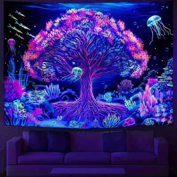 Aeelleea 60x40 in UV Reactive Glow Jellyfish Tapestry, Neon Fluorescent Wall Hanging for Bedroom Living Room Dorm