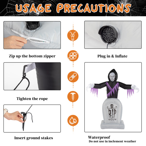 6FT Inflatable Grim Reaper & Grave Halloween Yard Decor with 3-LED Light String, 12V Outdoor Holiday Prop for Trick or Treat Season