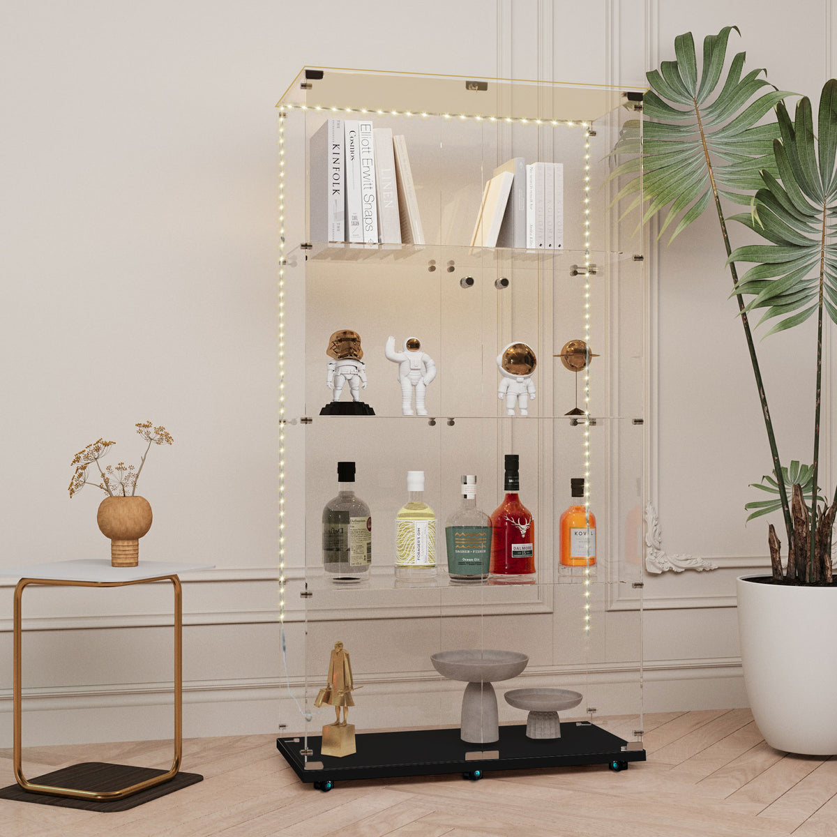 AEELLEEA Black Tempered Glass Display Cabinet with Lockable Door, Adjustable Shelves & Lockable Casters for Collectibles