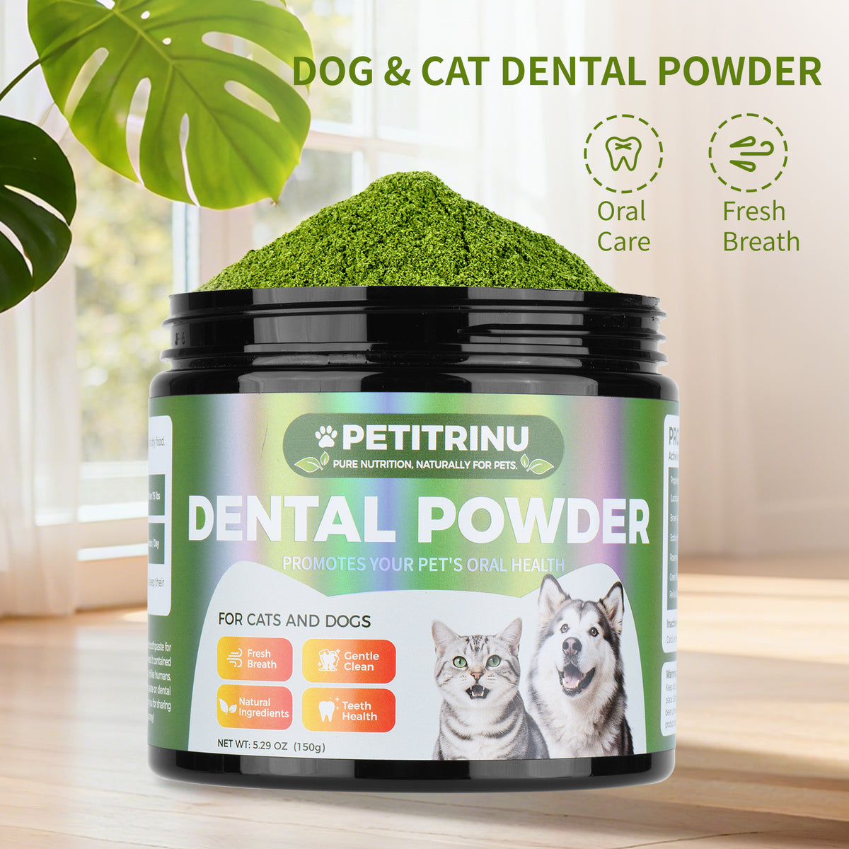 PETITRINU Dental Powder for Cats & Dogs, 5.29 oz - Natural Plaque & Tartar Control, Fresh Breath Freshener, Just Mix into Food