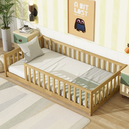 AEELLEEA Twin Size Montessori Floor Bed with Guardrails, Wooden Kids Bed Frame with Low Entry and Slats, Natural Wood