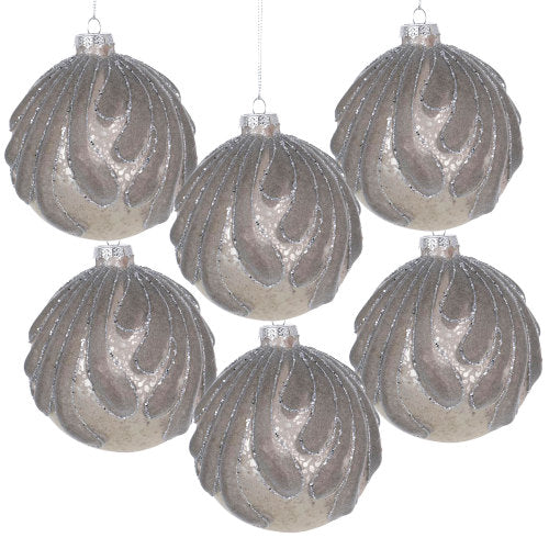AEELLEEA 3.9" Grey Flocked Wave Glass Christmas Ornaments Set of 6, Silver Glitter Hanging Baubles for Xmas Tree Holiday Decor