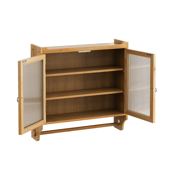 AEELLEEA Wall-Mounted Wooden Storage Cabinet with Ribbed Glass Doors, 3-Tier Shelves and Hanging Rail for Kitchen or Bathroom
