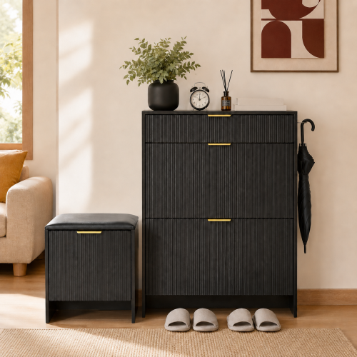 AEELLEEA Fluted Black Shoe Storage Cabinet Set with Padded Shoe Bench, Flip Drawer Narrow Shoe Organizer for Entryway