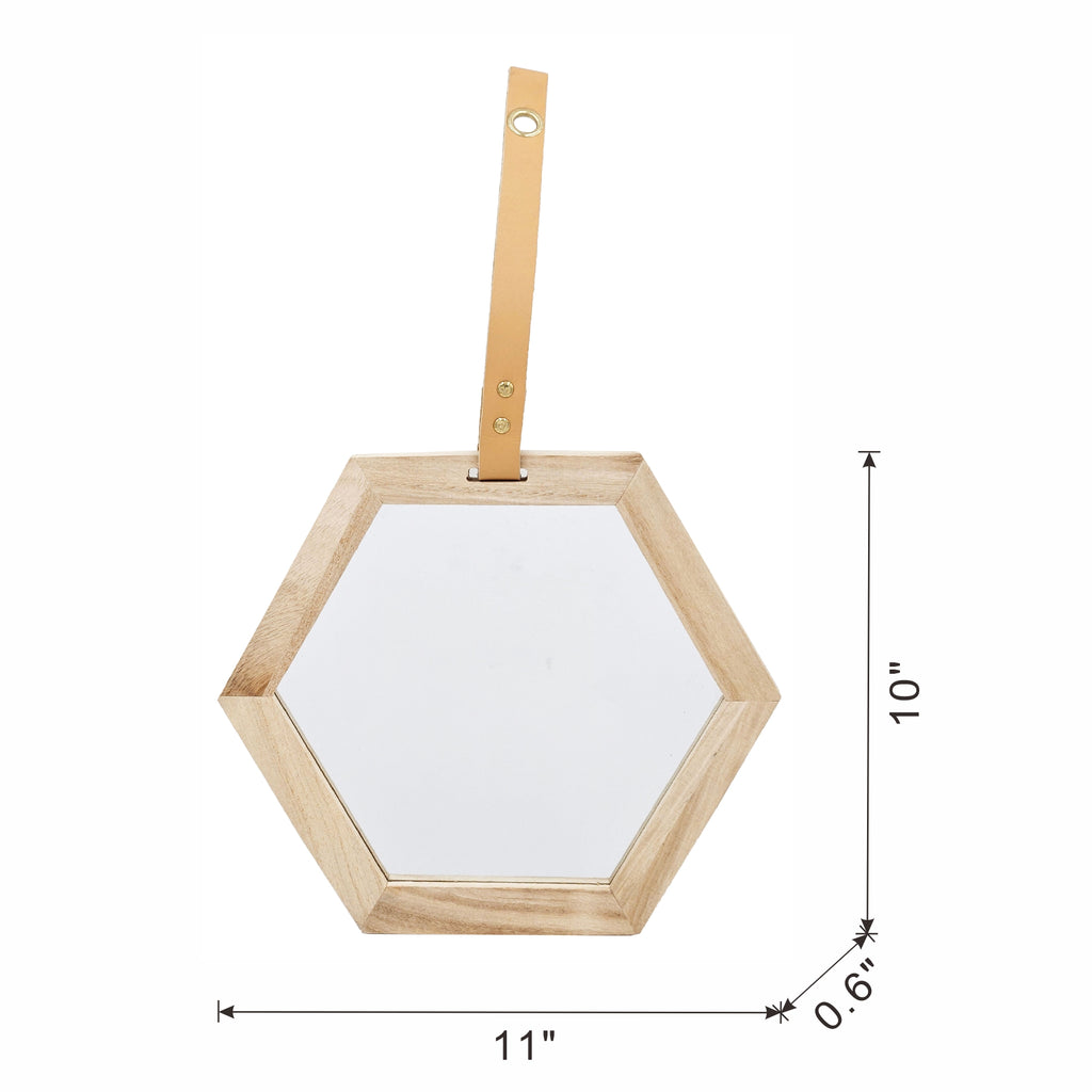 11x10 Inch Hexagon Wall Mirror, Natural Wood Frame Hanging Geometric Mirror for Home Decor