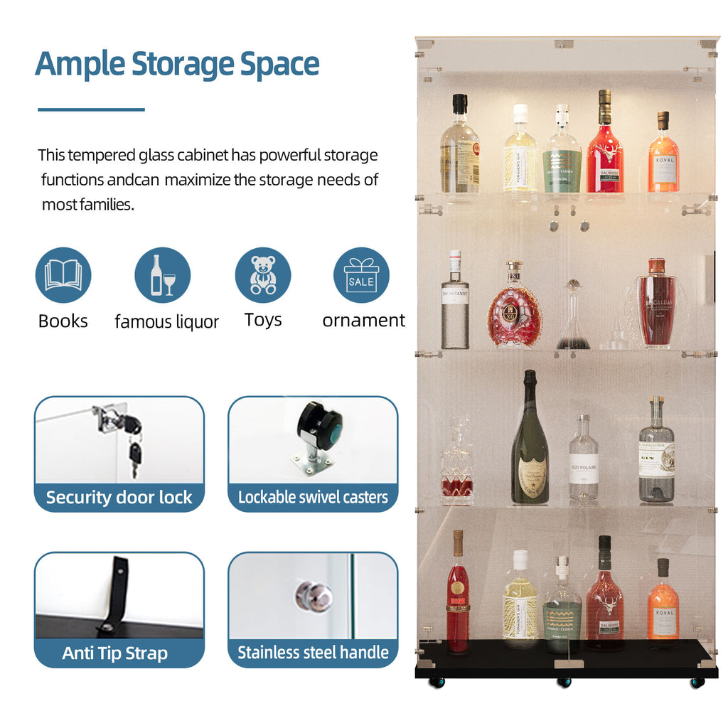 AEELLEEA Black Tempered Glass Display Cabinet with Lockable Door, Adjustable Shelves & Lockable Casters for Collectibles