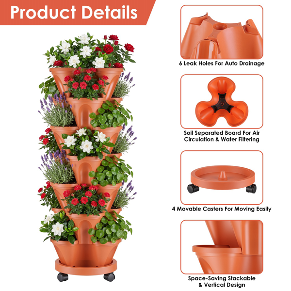 7‑Tier Vertical Stackable Planter with Rolling Casters, Reddish‑Brown Space‑Saving Planting Tower with Drainage Holes for Home Balcony Patio Herb Vegetable