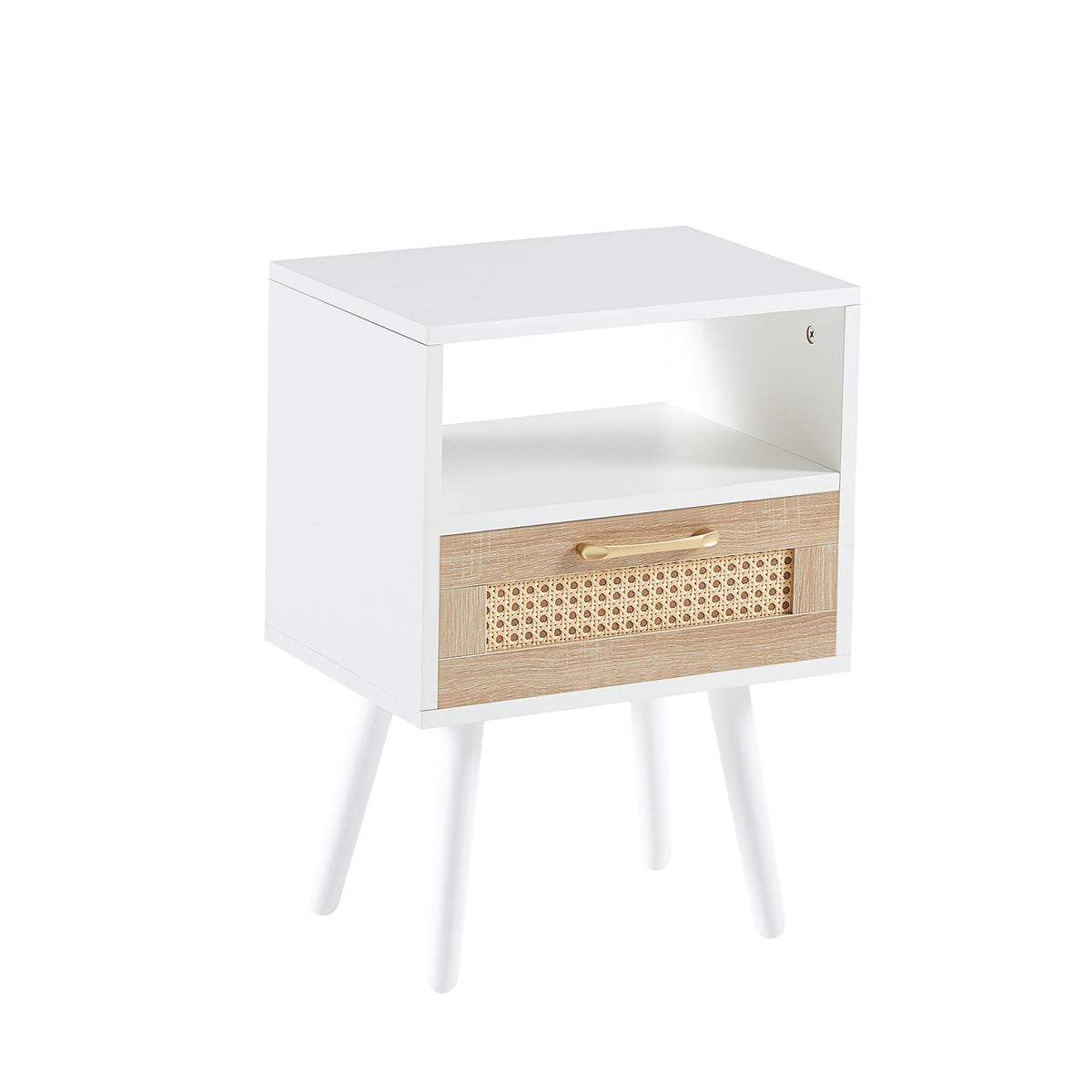 AEELLEEA- Rattan Side Table, Rectangle White End Table with Solid Wood Legs, MDF Frame, 120lbs Load Capacity