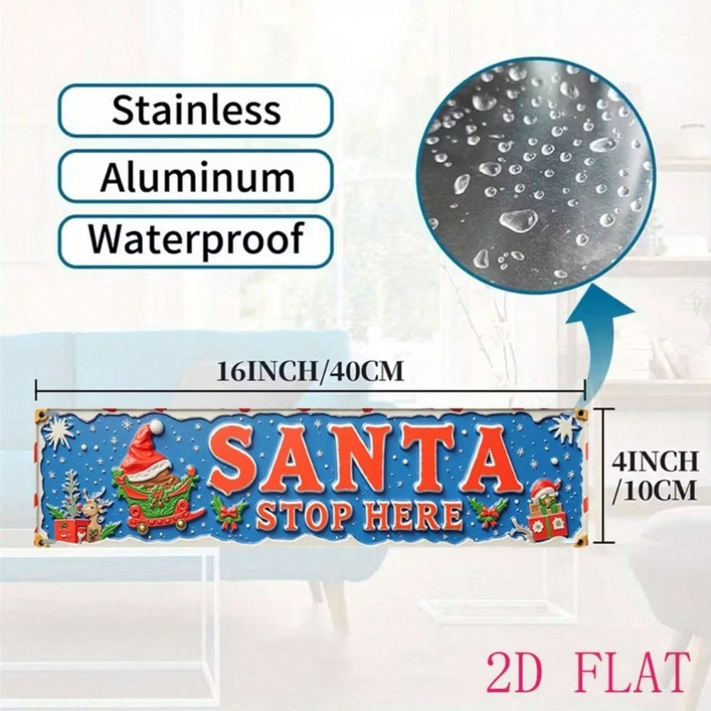 AEELLEEA-Santa Stop Here Christmas Metal Sign, 2D Flat Printed Holiday Tin Plaque, Waterproof Aluminum Wall Decor