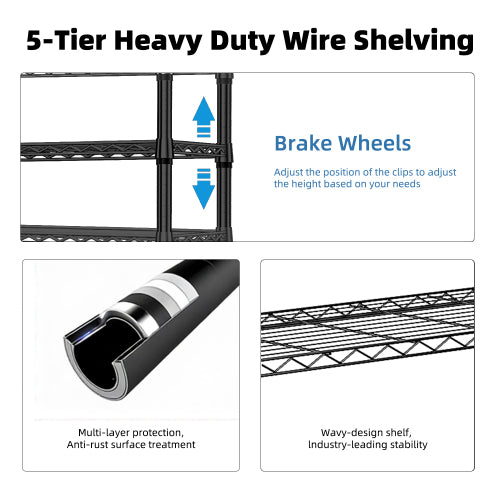 AEELLEEA 5-Tier Heavy-Duty Wire Shelving Unit with Locking Wheels, Black, 47.2" W x 17.7" D x 75.6" H