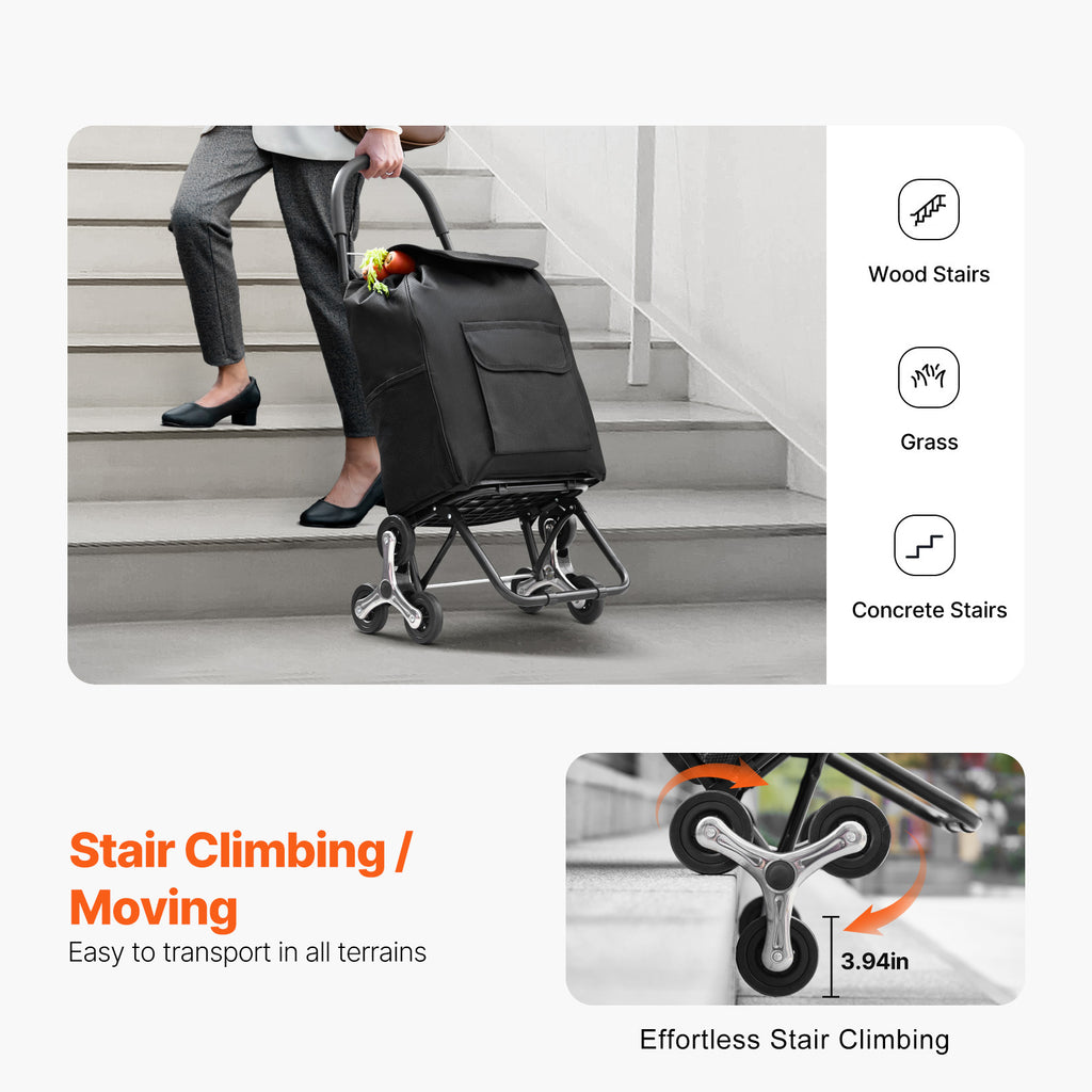 Foldable Stair Climbing Shopping Cart, 36L Utility Cart with 6 Wheels & Storage Bag, Heavy Duty Grocery Cart