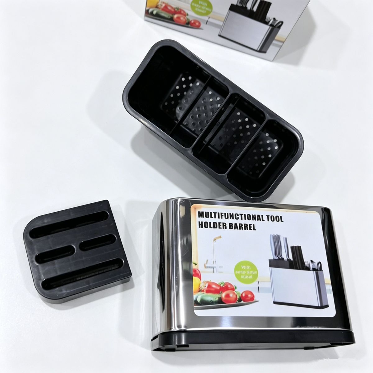 Multifunctional Kitchen Utensil Holder, Stainless Steel Countertop Knife & Cutlery Storage Organizer with Drain Holes for Kitchen Counter